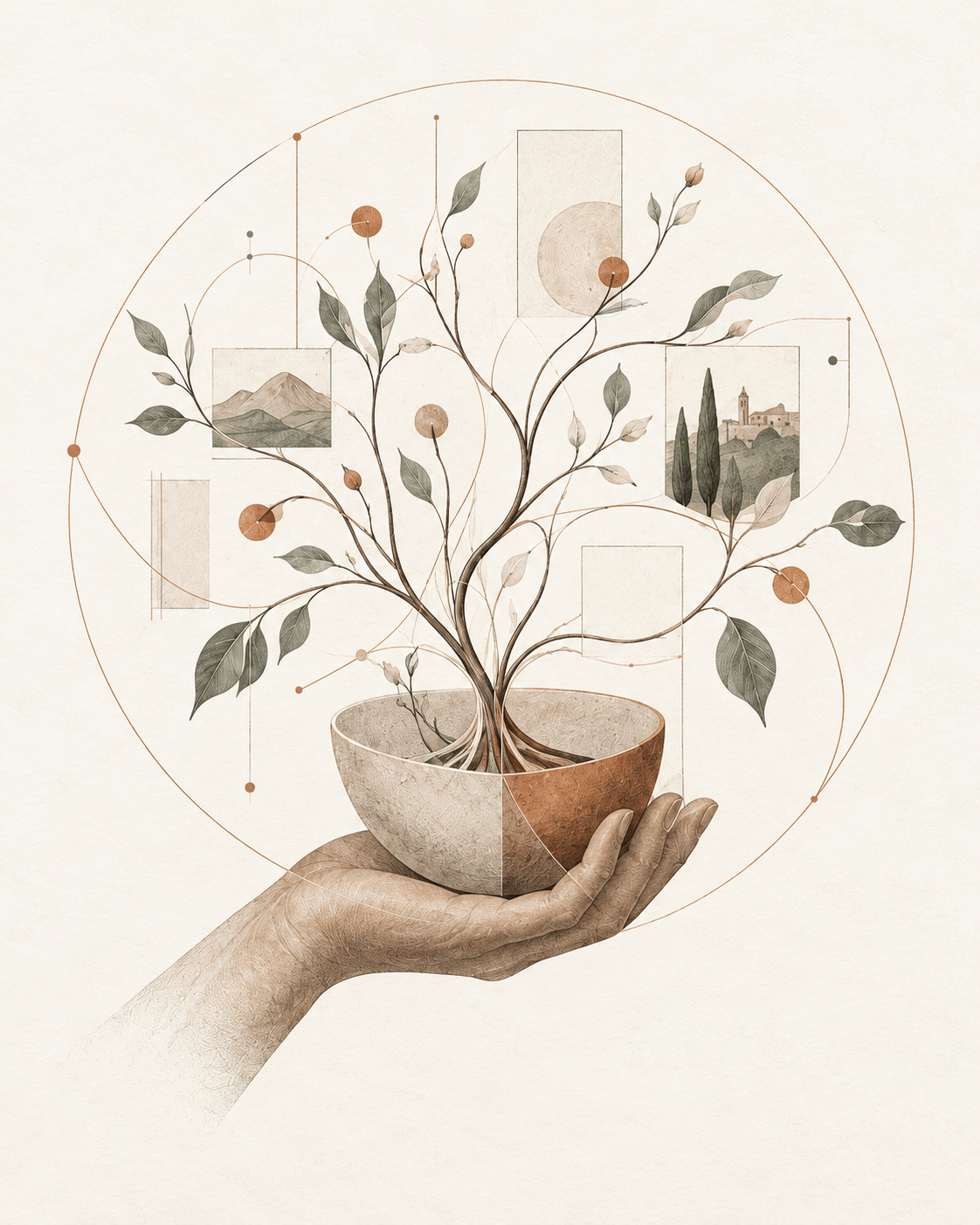 Une main soutient un pot et un arbre aux fines orbites cuivrées : une illustration du contexte personnel entre vos mains.